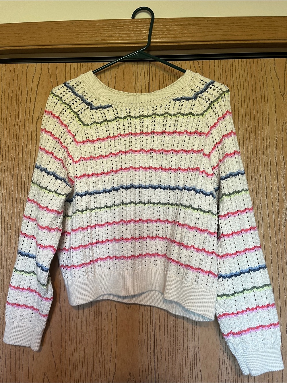 Marine Layer Cream Knit Crewneck Sweater with Pink, Blue & Green Stripes